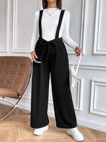 SHEIN Black Bowknot Waist Elastic Adjustable Maternity Jumpsuit - Black - View 4