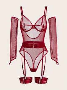 成熟迷人的透明性感连体裤 + 吊袜带 + 吊袜带 + 手套诱人诱人的钢圈女式性感连体裤 - 酒紅色 - 查看 7