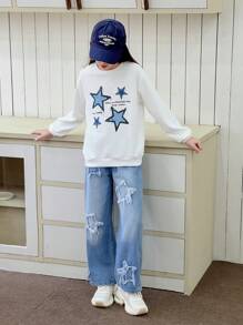 2pcs Set Tween Girl Printed Sweatshirt & Straight Leg Jeans - White - View 5