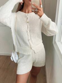 SHEIN Frenchy Bộ 2 áo len cardigan tay dài một hàng khuy đơn màu trơn cho nữ và quần short dệt kim, dành cho mùa thu - trắng - Xem 1
