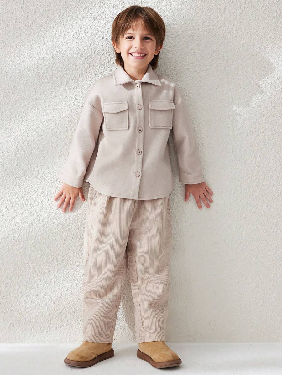 SHEIN 年轻男孩休闲纯色落肩宽松翻盖口袋夹克