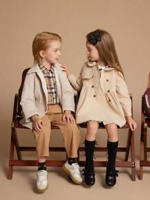 SHEIN Young Boys Khaki Color Woven Lapel Windbreaker Jacket, Winter - Khaki - View 10