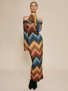 Chiquease 女士优雅露肩长袖波浪图案连衣裙 - 彩色 - 查看 6