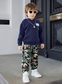 Bộ 2 chiếc/bộ cho bé trai thường ngày dễ thương thoải mái màu đen trắng trang trí rộng rãi dệt kim màu trơn xanh lá cây hoodie & quần in họa tiết rằn ri, thích hợp cho đi chơi, đi học và tụ tập hàng ngày, mùa thu/đông - Màu xanh lam - Xem 5