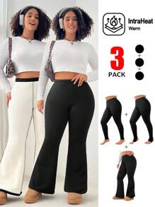 SHEIN EZwear 3 件套大码女式、羊毛紧身裤、保暖紧身裤、冬季女装、喇叭形松紧腰黑色紧身裤 - 黑色 - 查看 8