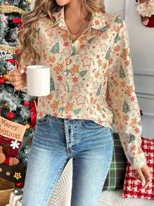 SHEIN LUNE 女式圣诞印花前开长袖衬衫、长袖上衣 - 彩色 - 查看 1