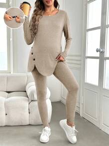 SHEIN Maternity Button Decor Curved Hem Long Sleeve Top And Leggings 2Pcs Outfit Set, Outfit Set, Autumn World Cup Fall - Khaki - View 1