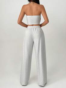 SHEIN PETITE Damskie spodnie casualowe w jednolitym kolorze, dwuczęściowy komplet - Szary - Zobacz 3