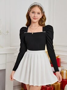 SHEIN Teen Girl's 2pcs Black Knitting/ Leg Of Mutton Sleeves/Winter/Elegant/For Party/White Pleated Skirt - Black and White - View 5