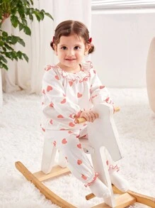 SHEIN 2pcs Baby Girls Heart Pattern Ruffle Trim Collar Long Sleeve Knit Lounge Set, Comfortable Homewear - White - View 6