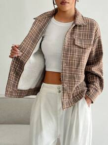 Flirla Women's Casual Vintage Plaid Fleece Button-Up Jacket, Autumn