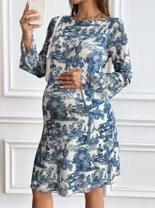 SHEIN Maternity Early Autumn Print Flared Sleeve Backless Mesh Dress - Blue and White - View 2