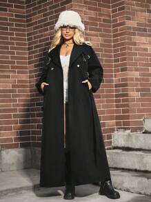 SHEIN EZwear 大码女式翻领超长系带风衣，秋冬款 - 黑色 - 查看 1