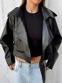 Aloruh 新款秋冬黑色 PU 皮革摩托夹克，翻领男友风 - 黑色 - 查看 1