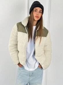 Aloruh Warm Windproof High Collar Long Sleeve Color Block Women Winter Coat