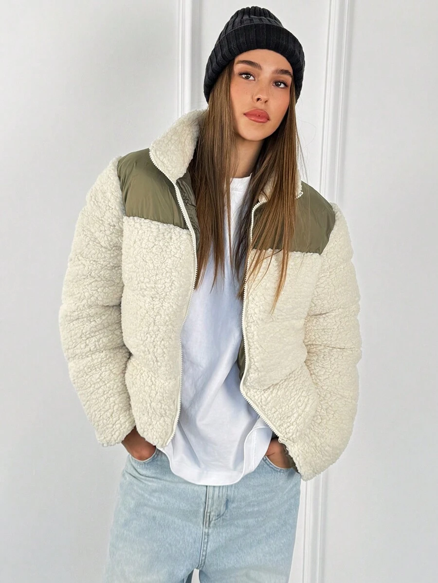 Aloruh Warm Windproof High Collar Long Sleeve Color Block Women Winter Coat