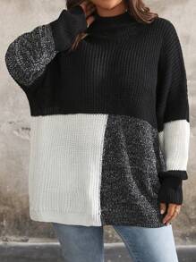 SHEIN LUNE Plus Size Color Patchwork Stand Collar Long Sleeve Pullover Casual Sweater Knit Pullover Fall Winter - Multicolor - View 6