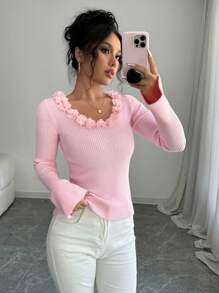 Chiquease 1 件女式 3D 花朵泡泡袖 V 领毛衣，秋季，长袖上衣