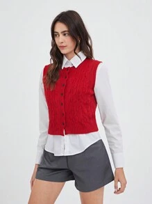 SHEIN EZwear Red Button Front Round Neck Sweater Vest - Grey - View 6