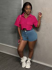 Slaydiva Áo sơ mi nữ tay ngắn cổ polo màu trắng, kiểu dáng thường ngày, có túi, dành cho nữ. - Màu đỏ tím - Xem 3