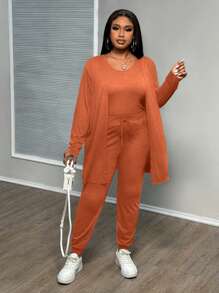 Slaydiva Bộ 3 áo ba lỗ + quần + áo khoác cỡ lớn thanh lịch giản dị, mùa thu/đông - Màu Cam san hô - Xem 3