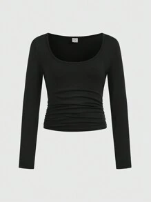 SHEIN Girlism Tween Girl Fitted Casual Minimalist Comfortable Square Neck Long Sleeve Top With Side Ruching - Black - View 1