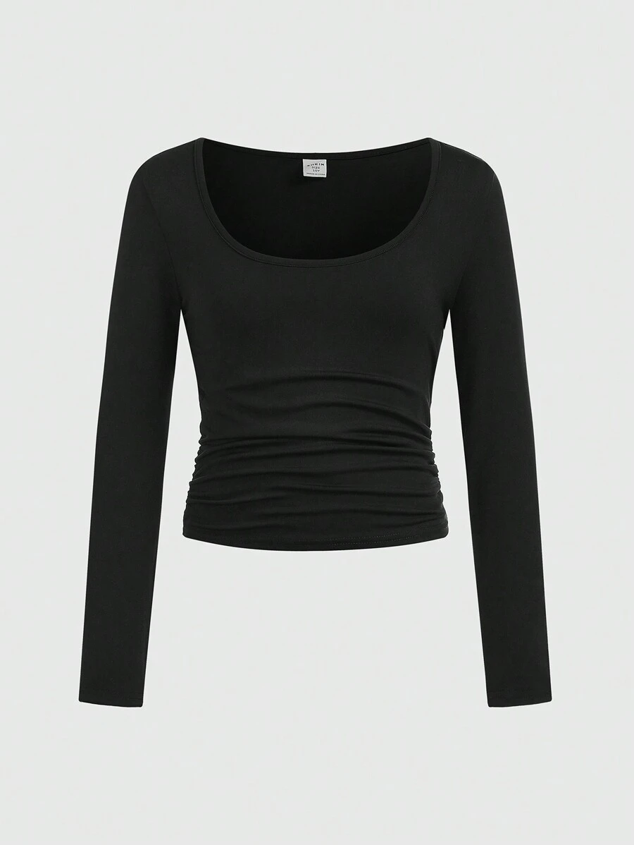 SHEIN Girlism Tween Girl Fitted Casual Minimalist Comfortable Square Neck Long Sleeve Top With Side Ruching - Black - View 1