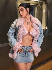 SHEIN EZwear 女士蓬松拼布口袋休闲长袖牛仔夹克保暖加厚牛仔布 - 藍色 - 查看 5