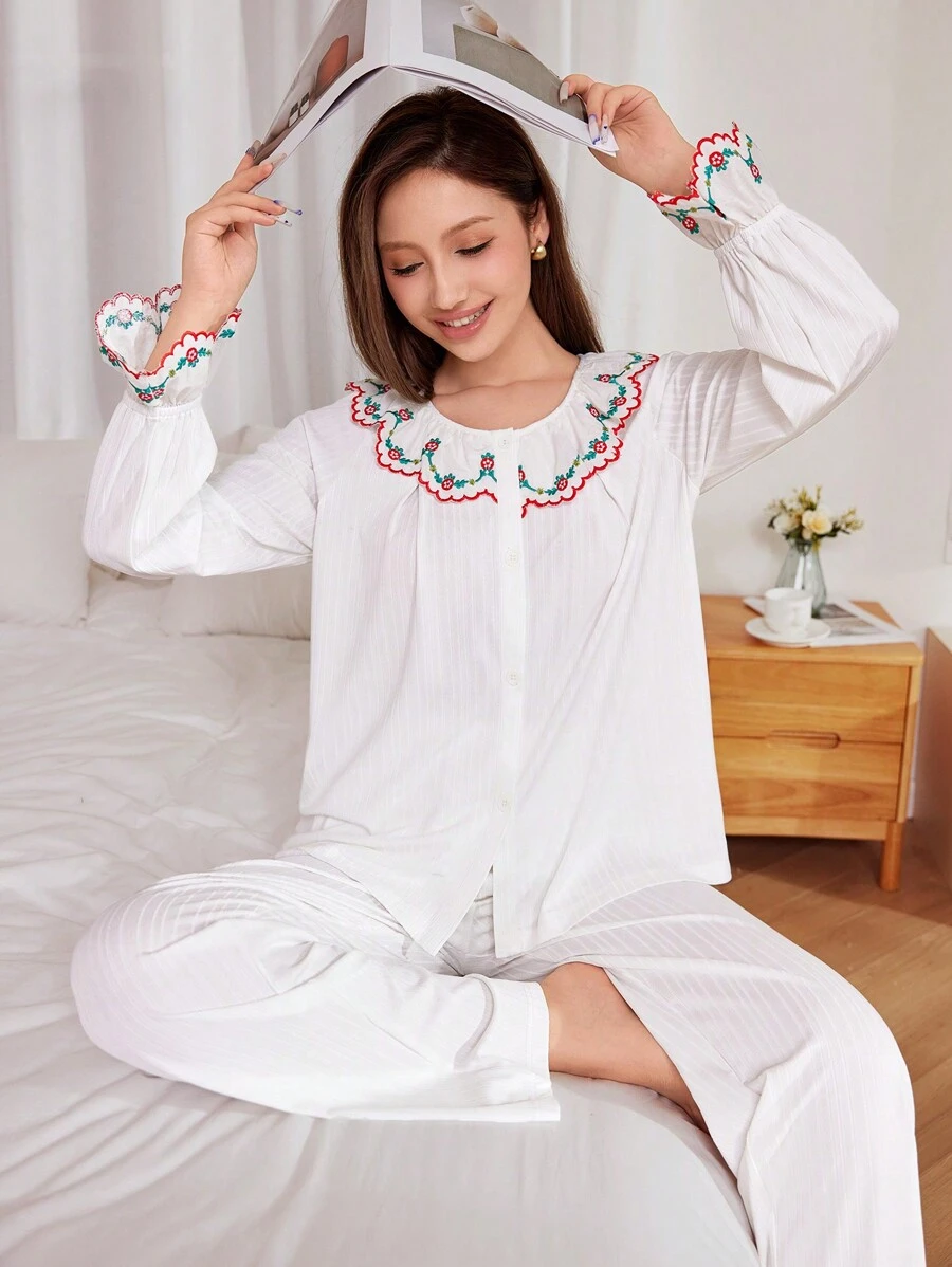 甜美风刺绣蕾丝雪纺针织开衫长裤睡衣套装