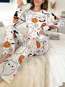 Conjunto de pijama con capucha de manga larga con estampado de calabaza de Halloween, ropa de otoño - Multicolor - Ver 1