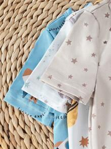 Conjunto de 3 piezas para bebé niño: camiseta con estampado de nave espacial y planeta y pantalones cortos, conjunto de pijama informal - Multicolor - Ver 4