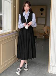 DAZY 女士纯色背心式褶皱中长连衣裙，学院风，秋冬 - 黑色 - 查看 1