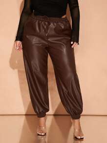 SHEIN BAE Plus Size Brown PU Elastic Waist Pants With Pockets, Suitable For Daily Wear,Brown Leather Pants,Halloween Women Costumes,Chocolate,Leather Cargo Pants