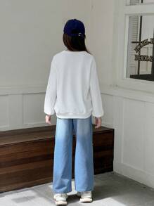 2pcs Set Tween Girl Printed Sweatshirt & Straight Leg Jeans - White - View 2