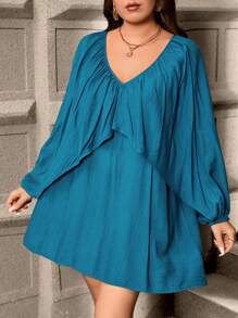 SHEIN Clasi Curved Plus Size  Casual Blue Solid Color Bat Sleeves Back V-Neck Butterfly Strap Loose A-Hem Dress, Casual And Romantic For Daily Use, Going Out, Suitable For Autumn And Winter - Blue - View 4