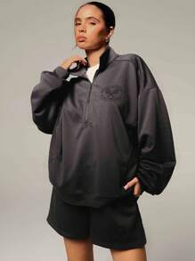 Athîral 2 Stücke/Set Damen Sommer Herbst Sport Lässig Tennis Muster Reißverschluss-Hoodie & Shorts Set - Grau - Übersicht 4