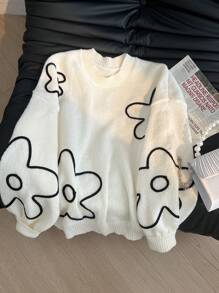 CosyJoli Plus Size Women Floral Print Pattern Round Neck Pullover Sweater, New Autumn/Winter Collection Fall