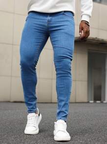 Manfinity Homme Men's Casual Washed Skinny Fit Jeans - Blue - View 3