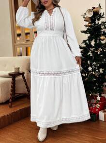 SHEIN VCAY Plus Size Solid Color Lace Patchwork Notched Neck Lantern Sleeve Dress, Casual Style For Autumn - White - View 4