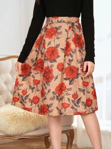 SHEIN Teens/Girls' Casual Elegant Christmas Red Floral Print A-Line Skirt
