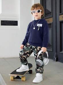 Bộ 2 chiếc/bộ cho bé trai thường ngày dễ thương thoải mái màu đen trắng trang trí rộng rãi dệt kim màu trơn xanh lá cây hoodie & quần in họa tiết rằn ri, thích hợp cho đi chơi, đi học và tụ tập hàng ngày, mùa thu/đông - Màu xanh lam - Xem 4