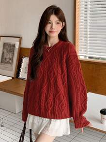 DAZY Women's Solid Color Drop Shoulder Long Sleeve Twist Knit Sweater, Autumn/Winter