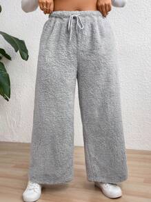 Flirla Quần ống rộng ống rộng buộc eo màu trơn cỡ lớn cho nữ - Xám - Xem 1
