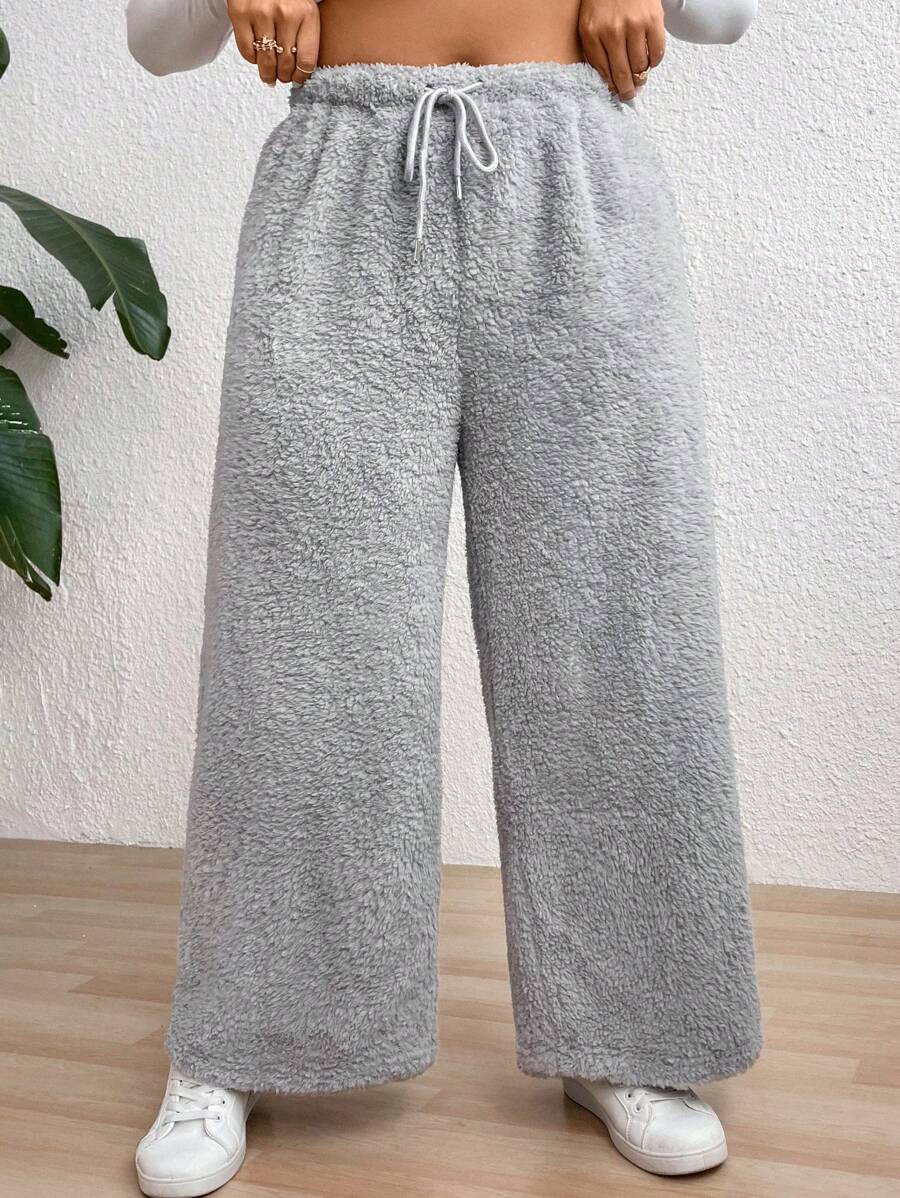 Flirla Quần ống rộng ống rộng buộc eo màu trơn cỡ lớn cho nữ - Xám - Xem 1