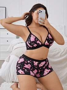 SHEIN X Care Bears Plus Size Black & Pink Sexy & Comfy Bikini Bra And Panty Underwear Set, Kawaii