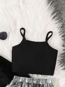 SHEIN Leap Crew SLAYR Young Girl Young Girl 3 件套宽松酷炫街头风格牛仔效果印花裤、紧身背心和短款运动衫，时尚，秋冬季，非常适合休闲和日常穿着和学校日常，酷炫街头女孩，Y2K 女孩 - 彩色 - 查看 5