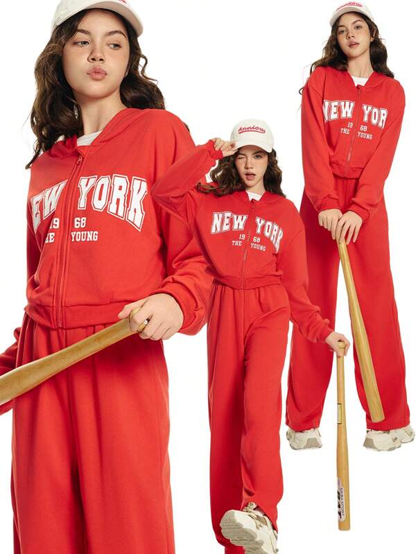 SHEIN 2pcs/Set Teen Girl Printed Zip-Up Hoodie And Pants Casual Outfit, Spring Autumn, For Christmas