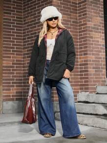 SHEIN EZwear Chaqueta casual con capucha, bolsillos y cremallera frontal, de manga larga, minimalista, talla grande para invierno