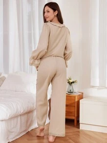 Oversized Open Front Mandarin Collar Textured Pattern Long Sleeve Pajama Set - Khaki - View 2
