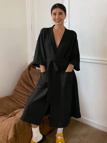 Livesso Minimalist Relaxed Solid Color Bathrobe Loungewear, For Fall Pajama, Winter - Black - View 4